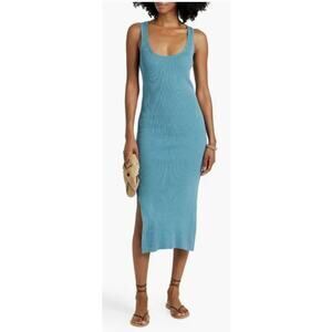Naadam $325 Designer Blue Linen Silk Naia Tencel Lyocell Knit Midi Dress Medium
